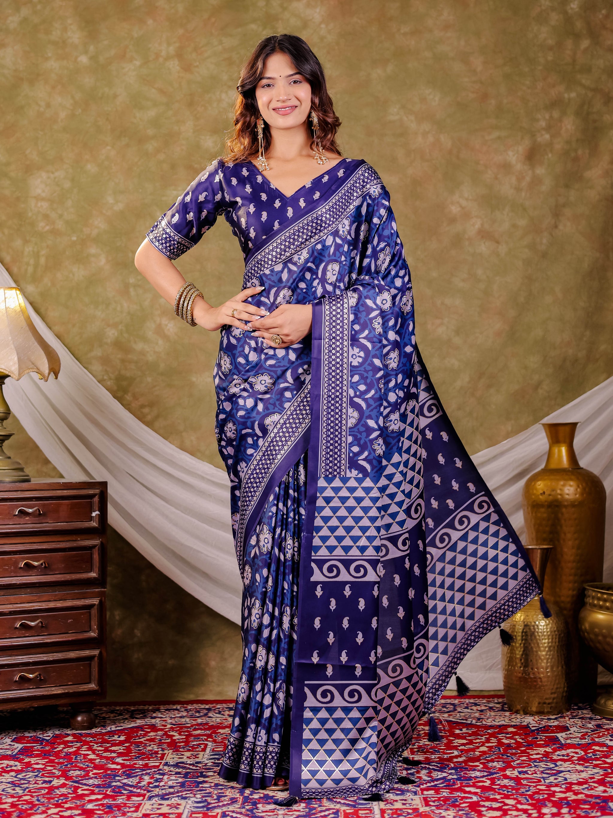 Indigo Blue Pure Chinnon Ajrakh Printed Saree with Tassel Edges, Traditional Floral Print & Matching Blouse Piece