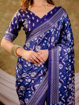 Indigo Blue Pure Chinnon Ajrakh Printed Saree with Tassel Edges, Traditional Floral Print & Matching Blouse Piece