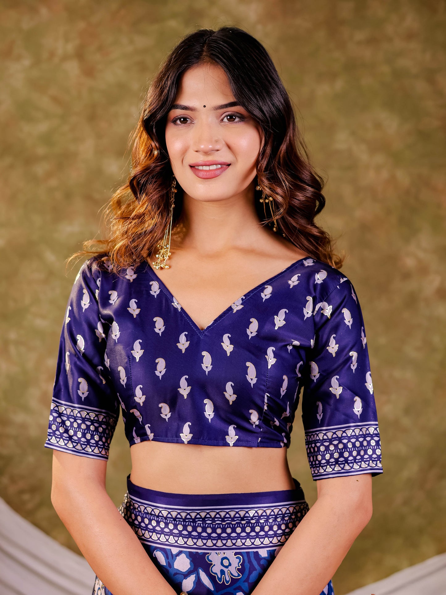 Indigo Blue Pure Chinnon Ajrakh Printed Saree with Tassel Edges, Traditional Floral Print & Matching Blouse Piece