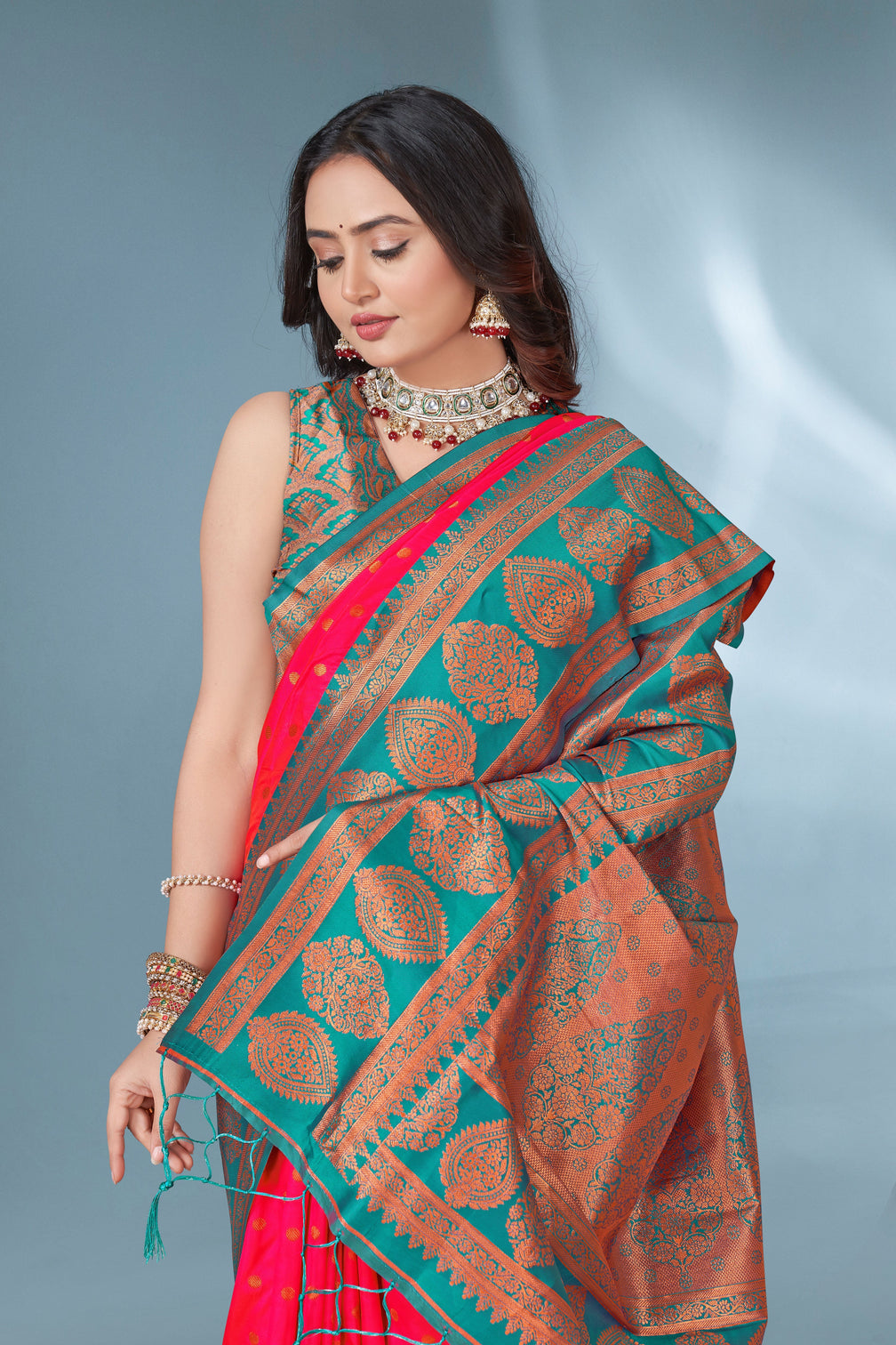Pink polka paithani silk contrast zari woven saree with unstitched blouse