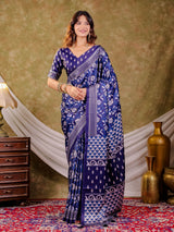 Indigo Blue Pure Chinnon Ajrakh Printed Saree with Tassel Edges, Traditional Floral Print & Matching Blouse Piece