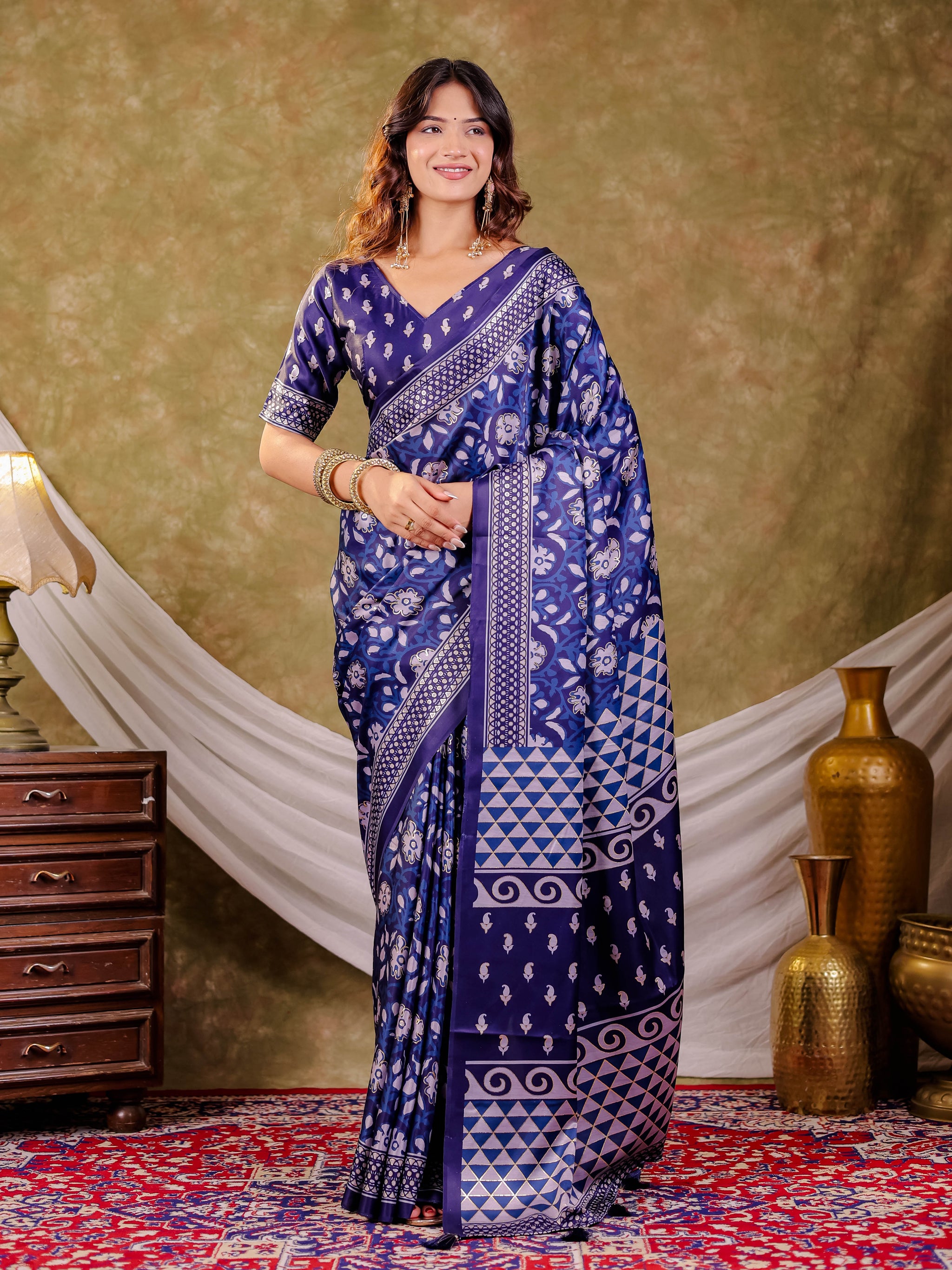 Indigo Blue Pure Chinnon Ajrakh Printed Saree with Tassel Edges, Traditional Floral Print & Matching Blouse Piece