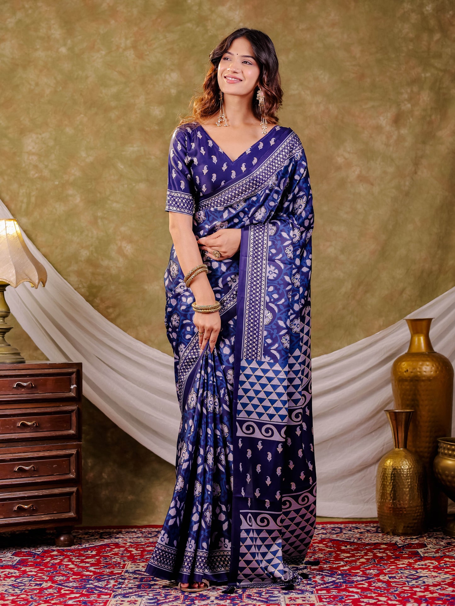 Indigo Blue Pure Chinnon Ajrakh Printed Saree with Tassel Edges, Traditional Floral Print & Matching Blouse Piece