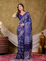 Indigo Blue Pure Chinnon Ajrakh Printed Saree with Tassel Edges, Traditional Floral Print & Matching Blouse Piece