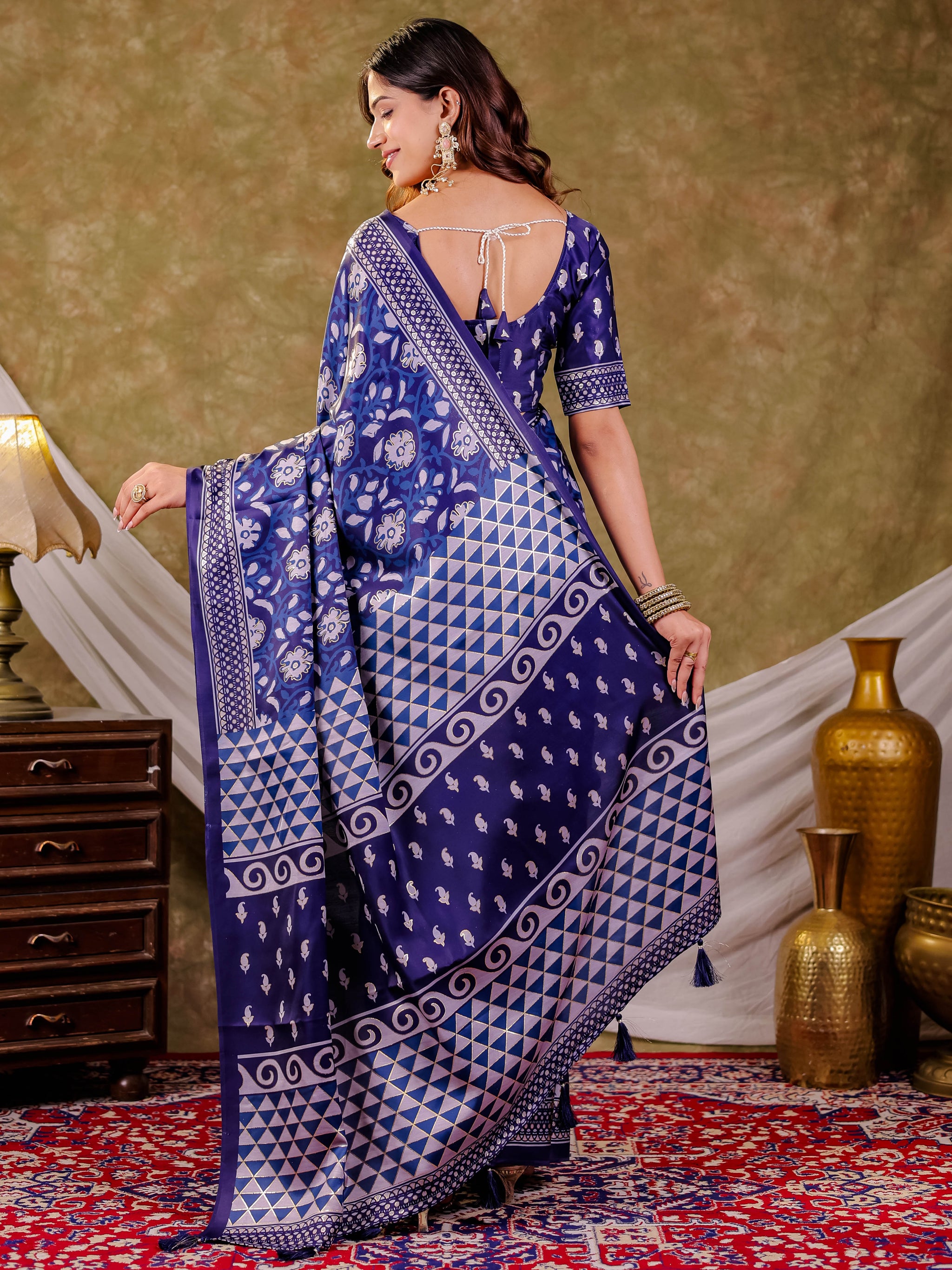 Indigo Blue Pure Chinnon Ajrakh Printed Saree with Tassel Edges, Traditional Floral Print & Matching Blouse Piece