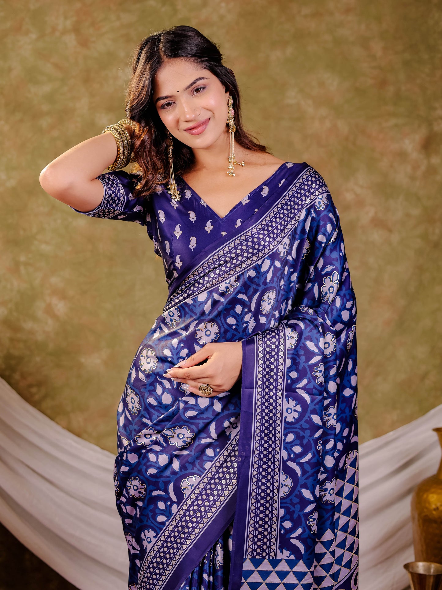 Indigo Blue Pure Chinnon Ajrakh Printed Saree with Tassel Edges, Traditional Floral Print & Matching Blouse Piece