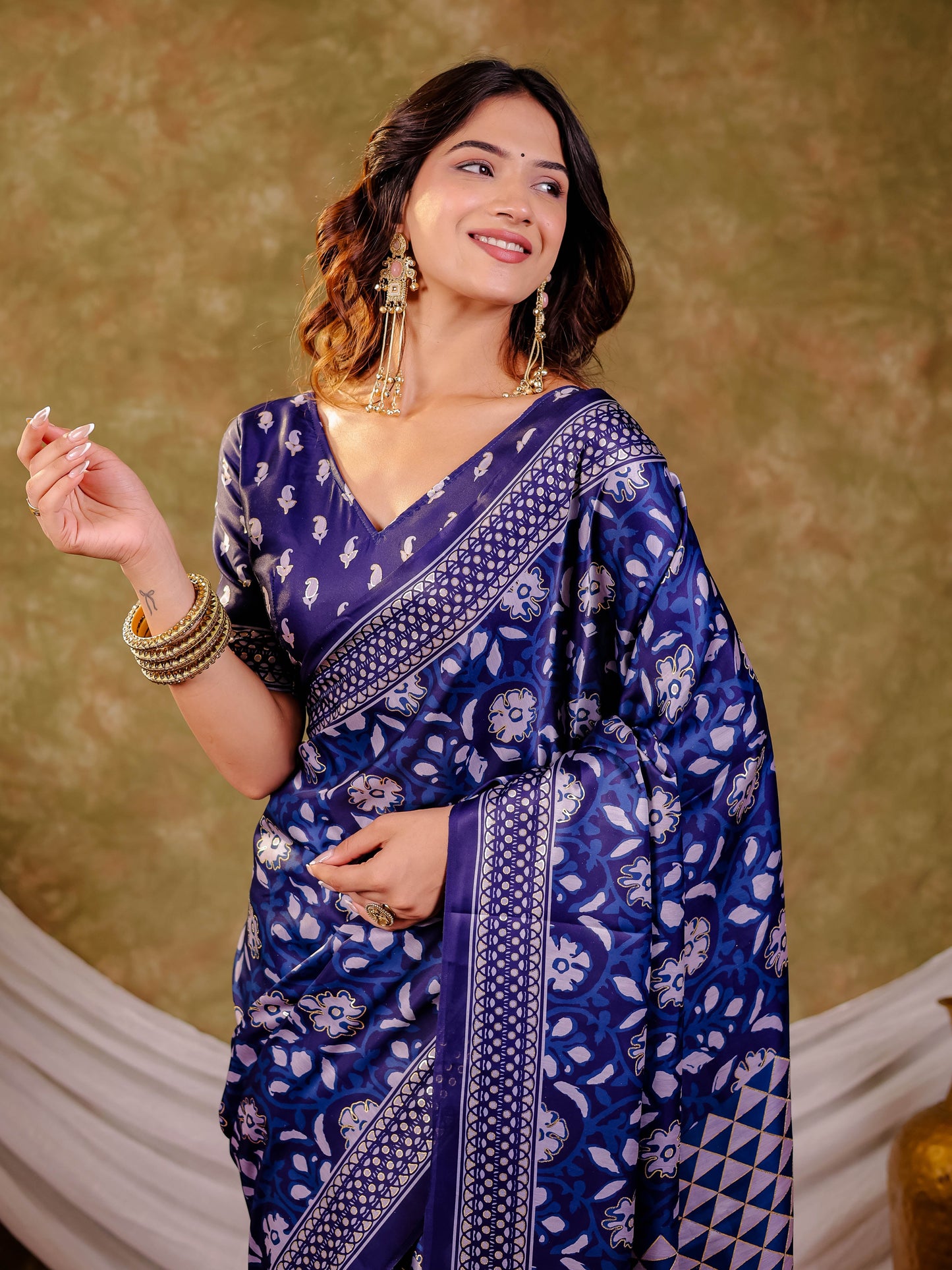 Indigo Blue Pure Chinnon Ajrakh Printed Saree with Tassel Edges, Traditional Floral Print & Matching Blouse Piece