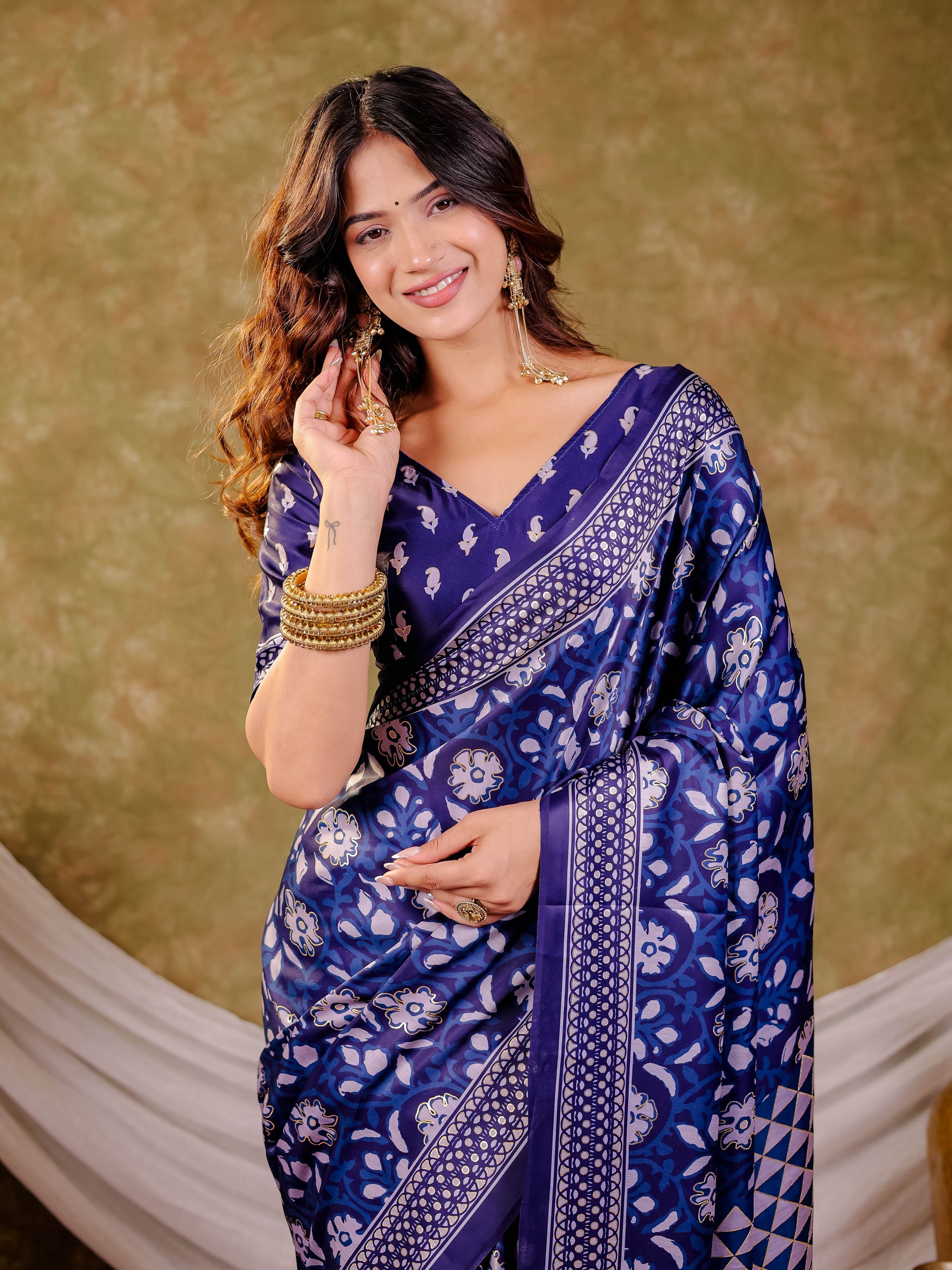 Indigo Blue Pure Chinnon Ajrakh Printed Saree with Tassel Edges, Traditional Floral Print & Matching Blouse Piece