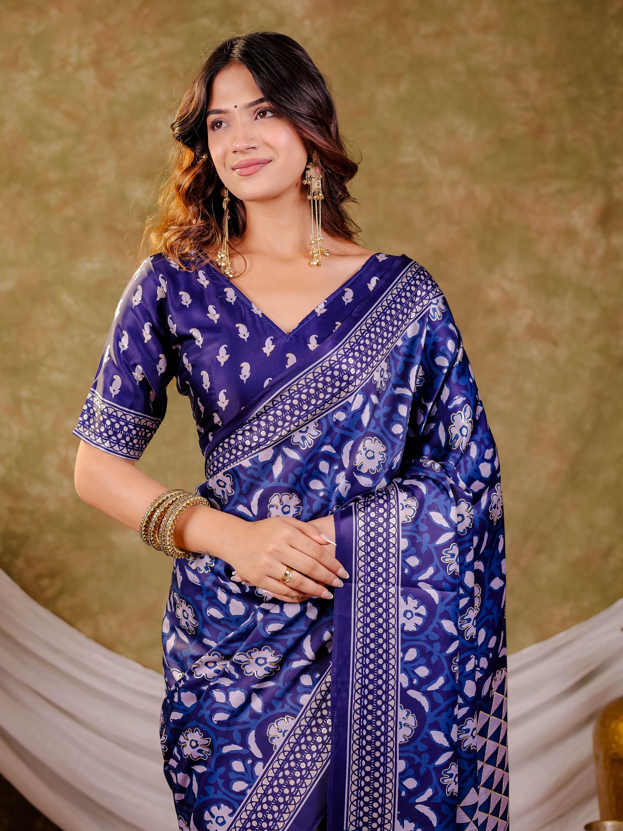 Indigo Blue Pure Chinnon Ajrakh Printed Saree with Tassel Edges, Traditional Floral Print & Matching Blouse Piece