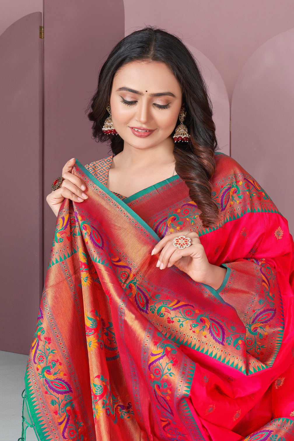 Pink original meenakari paithani silk zari woven saree