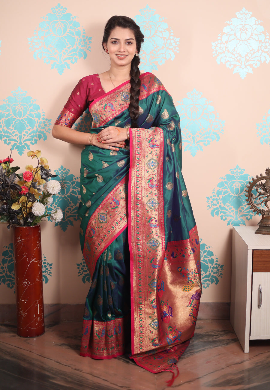Green zari woven peacock paithani silk saree