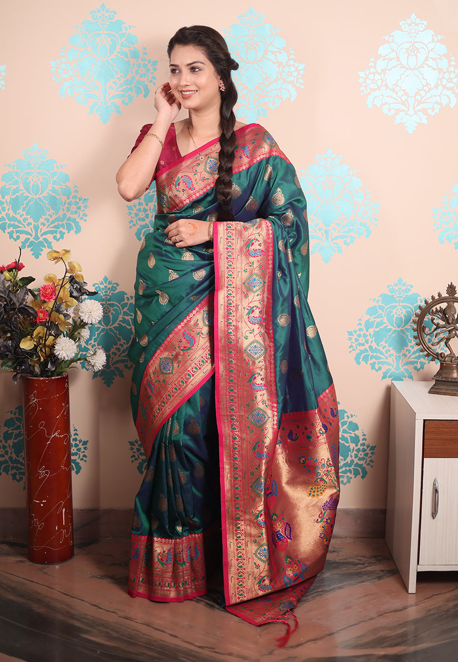 Green zari woven peacock paithani silk saree