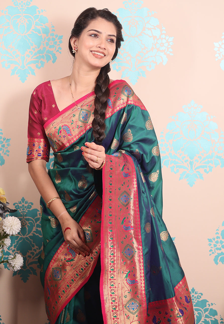 Green zari woven peacock paithani silk saree