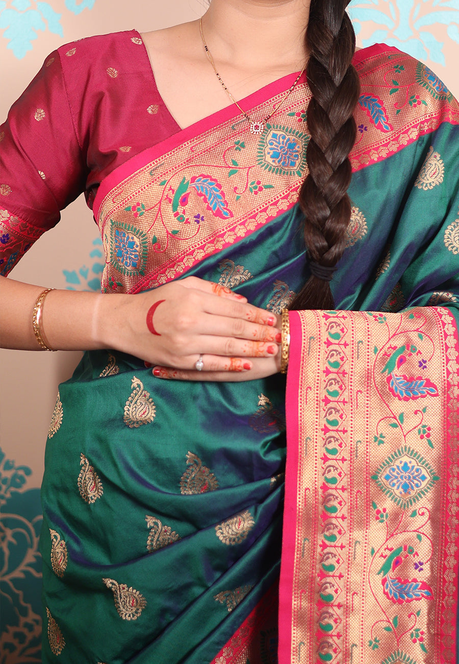 Green zari woven peacock paithani silk saree