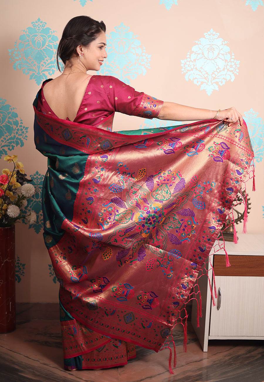 Green zari woven peacock paithani silk saree