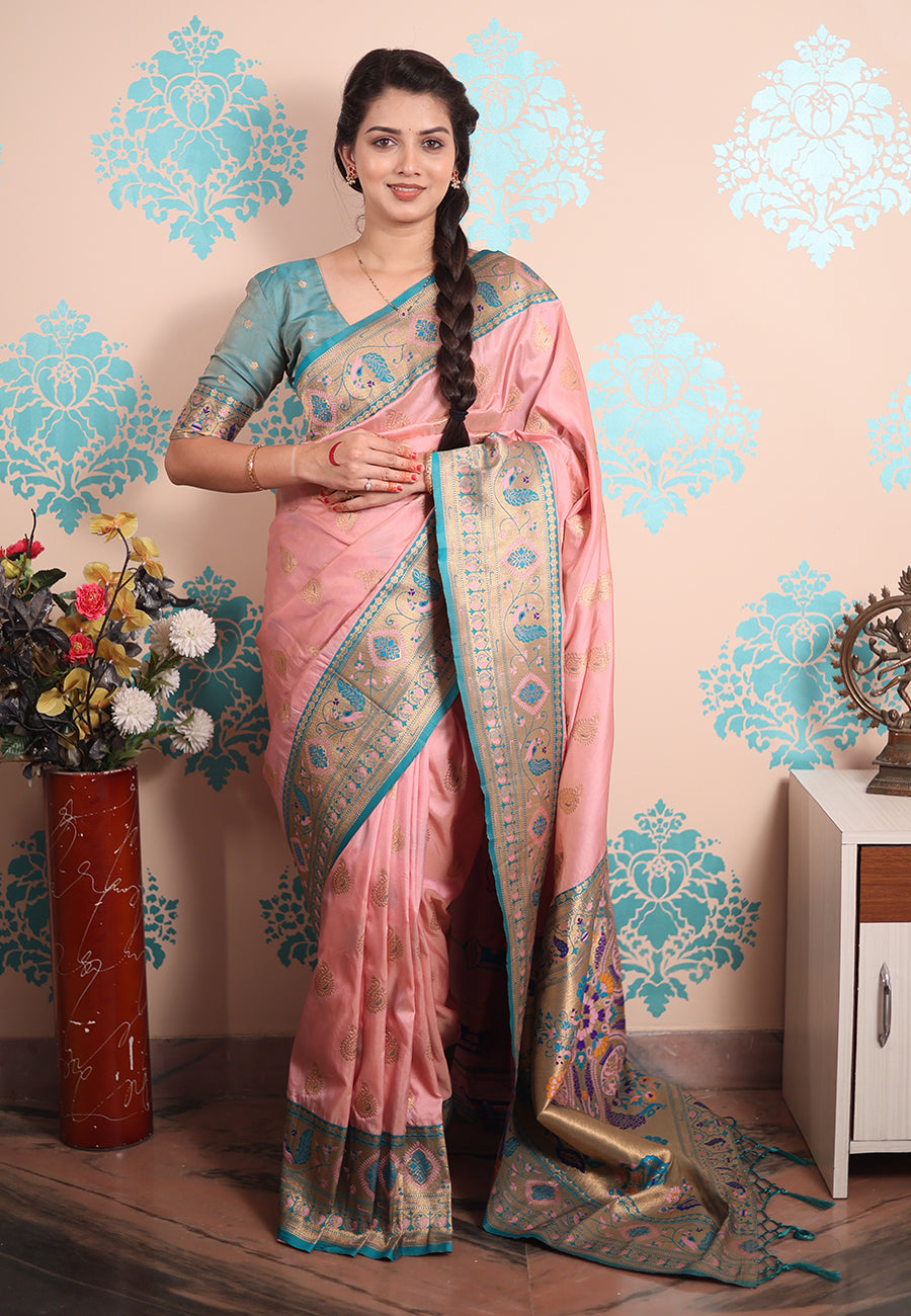 Baby pink zari woven peacock paithani silk saree