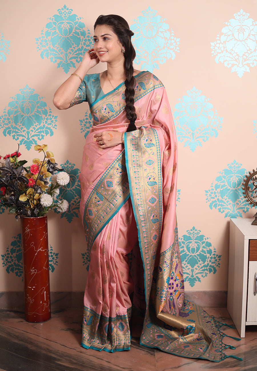 Baby pink zari woven peacock paithani silk saree
