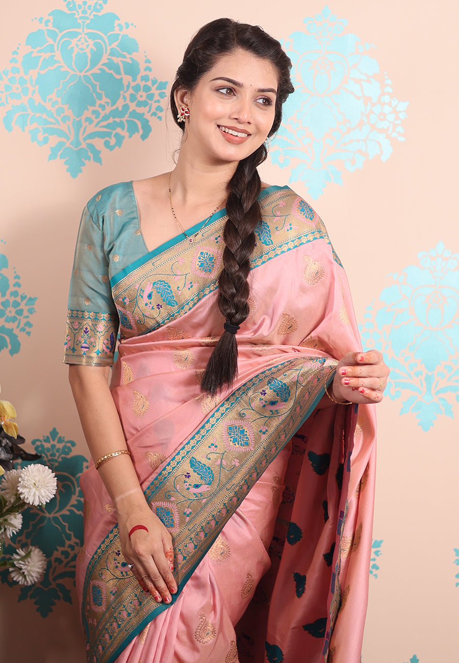 Baby pink zari woven peacock paithani silk saree