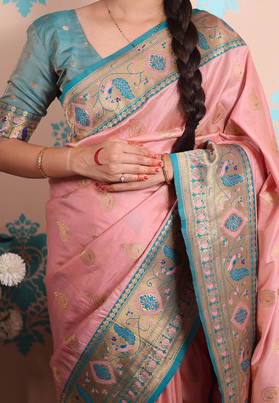 Baby pink zari woven peacock paithani silk saree
