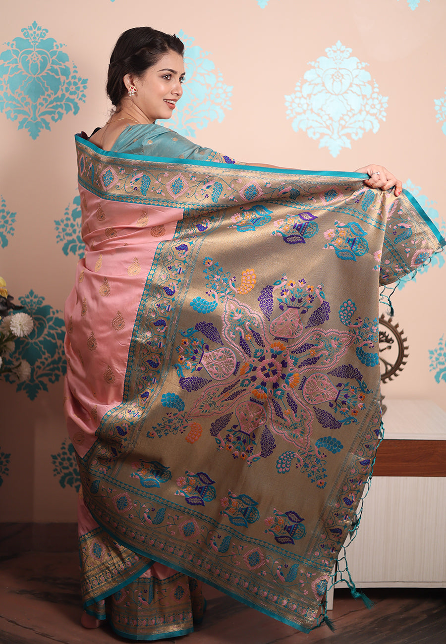Baby pink zari woven peacock paithani silk saree