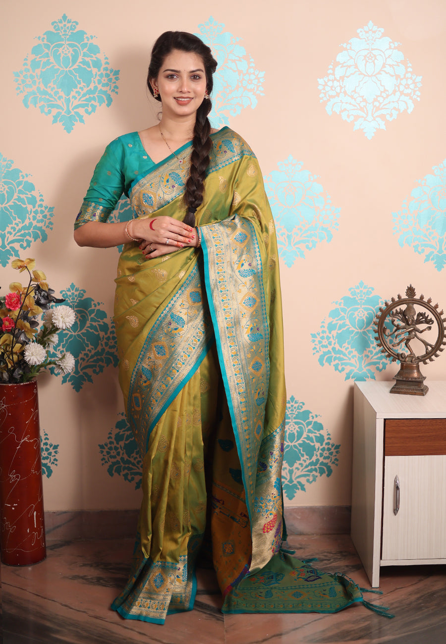Mehendi green zari woven peacock paithani silk saree
