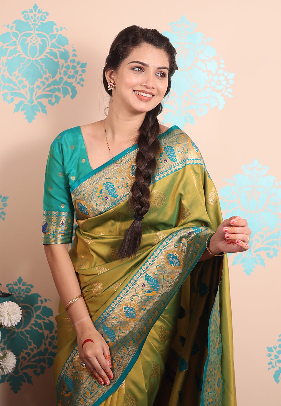 Mehendi green zari woven peacock paithani silk saree