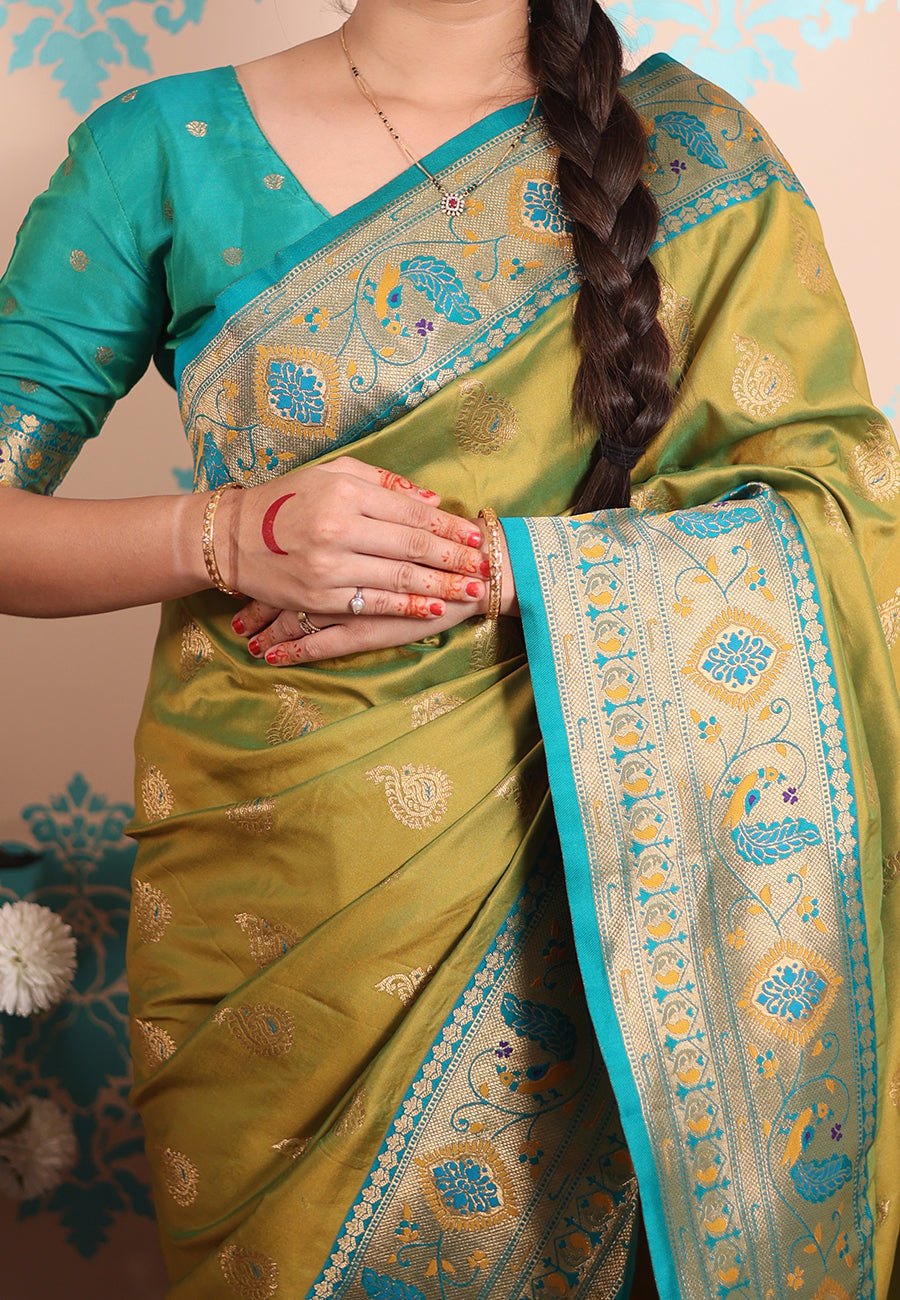 Mehendi green zari woven peacock paithani silk saree