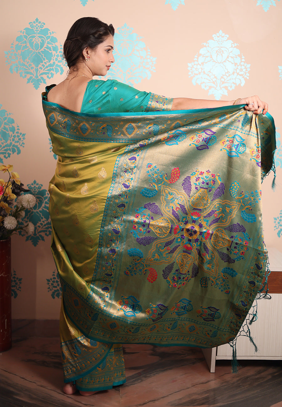Mehendi green zari woven peacock paithani silk saree