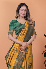 Exquisite Gold and Green Silk Saree with Golden Zari Border – Wedding & Party Wear Saree