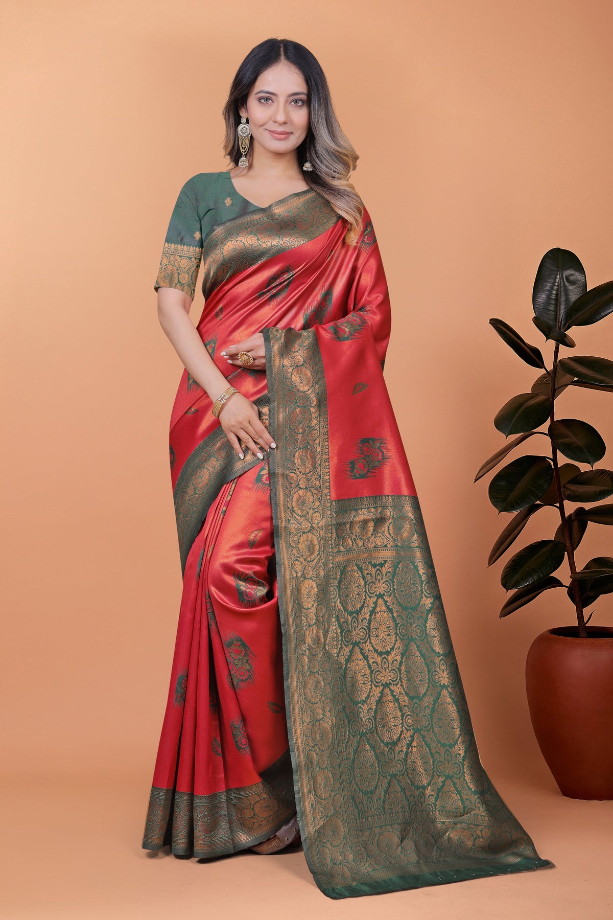 Elegant Red and Green Silk Saree with Golden Zari Work – Traditional Indian Sari for Women