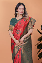 Elegant Red and Green Silk Saree with Golden Zari Work – Traditional Indian Sari for Women
