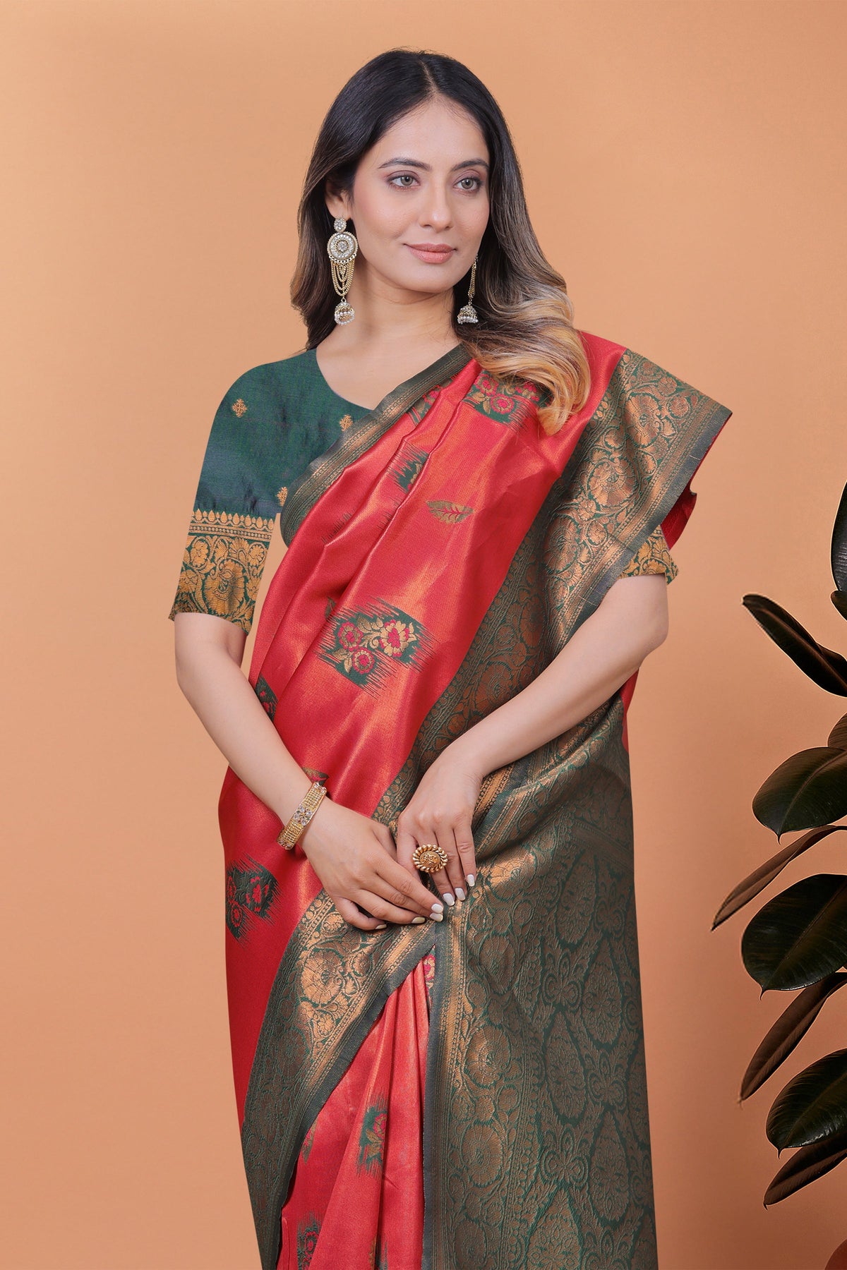 Elegant Red and Green Silk Saree with Golden Zari Work – Traditional Indian Sari for Women