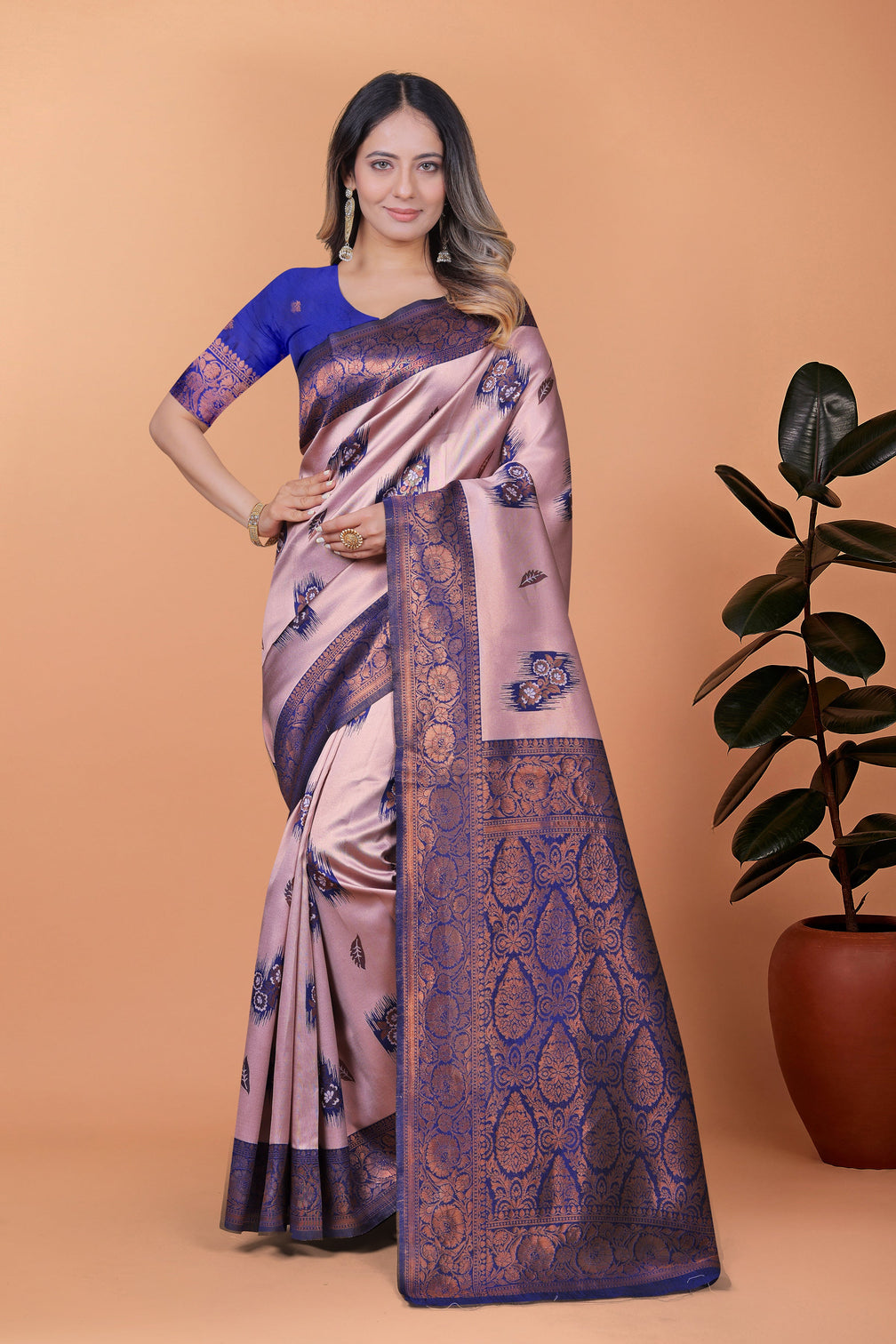 Stunning Pink and Blue Silk Saree with Golden Zari Work – Ideal for Festivals and Celebrations