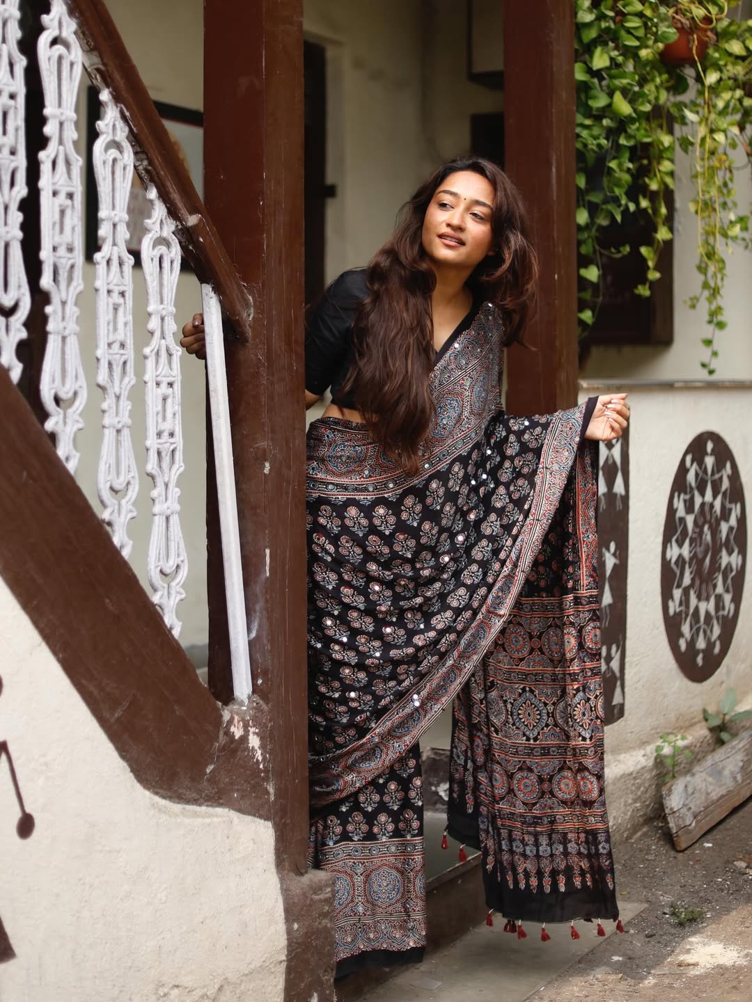 Black ajrakh printed modal silk saree with tassels attached blouse traditional ethnic festive wear saree