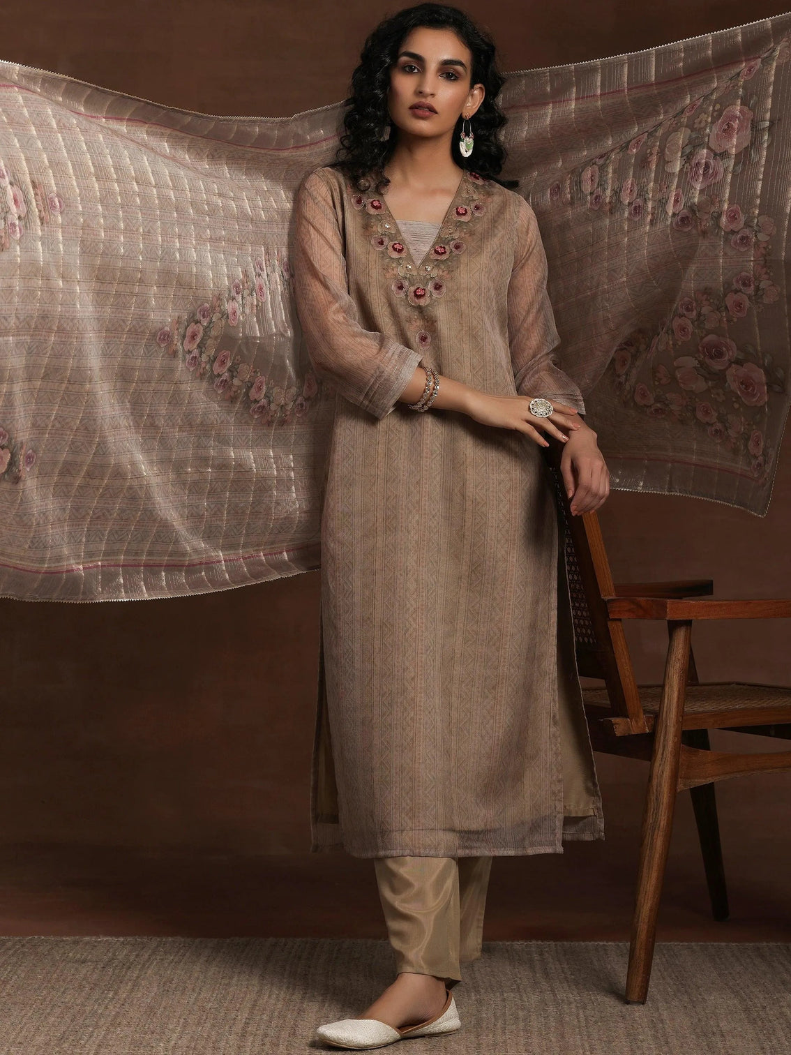 Mameraa Tan Printed Organza Straight Suit With Dupatta