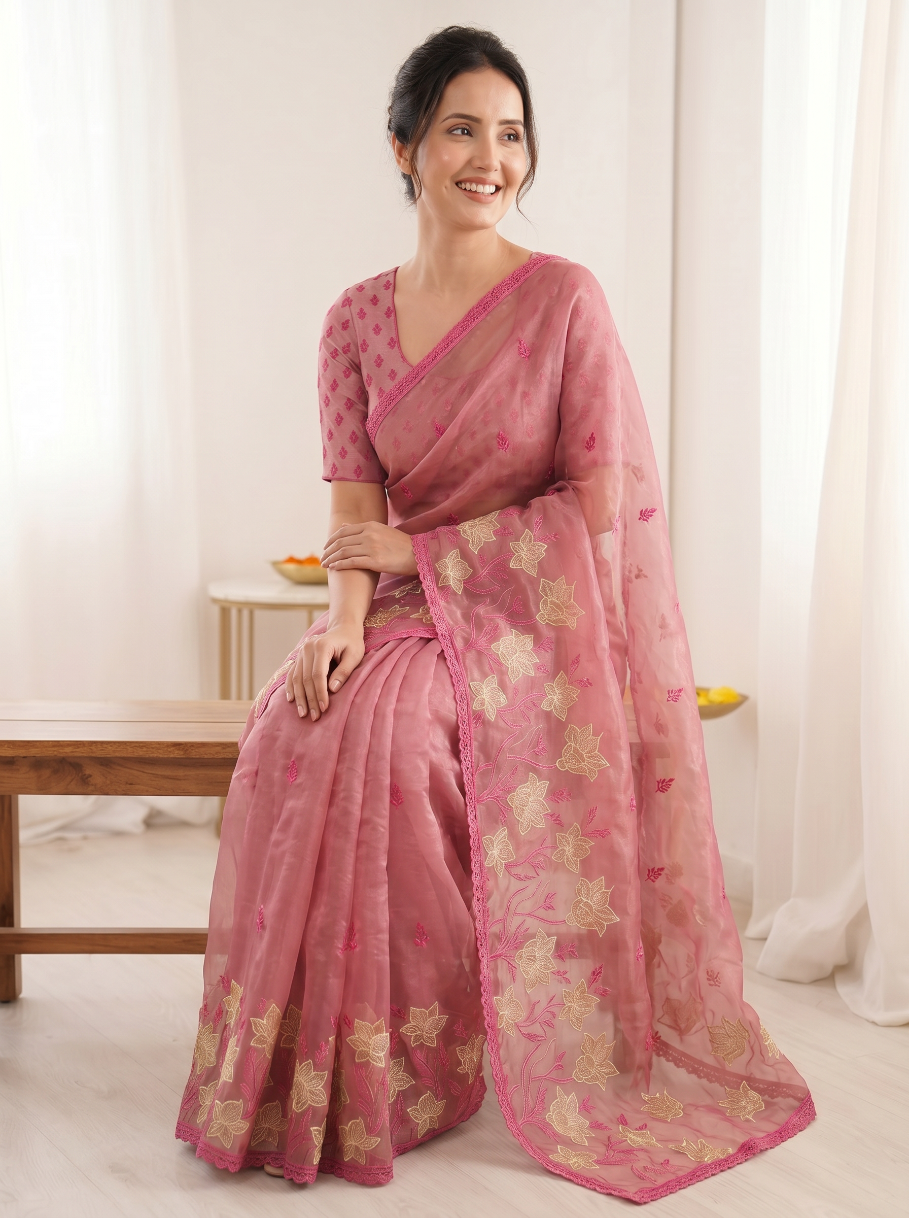 Coral Pure Oris Silk Saree with Embroidered Lotus Buttis & Applique Border