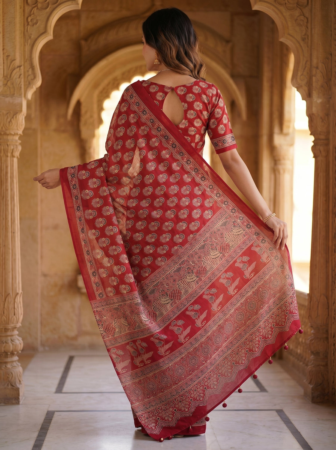 Royal crimson red pure modal silk saree with heritage floral buti print traditional designer pallu