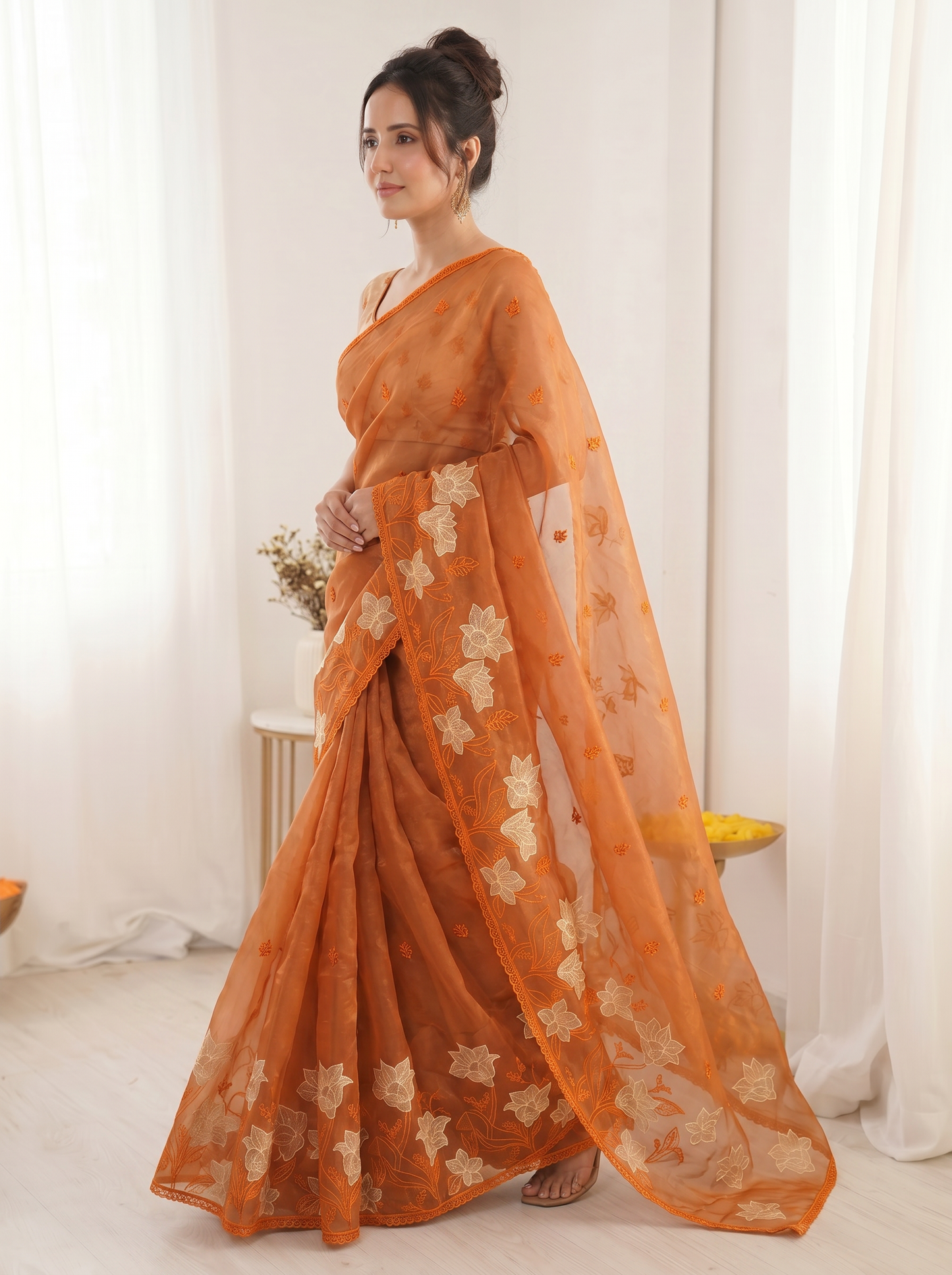 Orange Pure Oris Silk Saree with Embroidered Lotus Buttis & Applique Border
