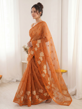 Orange Pure Oris Silk Saree with Embroidered Lotus Buttis & Applique Border