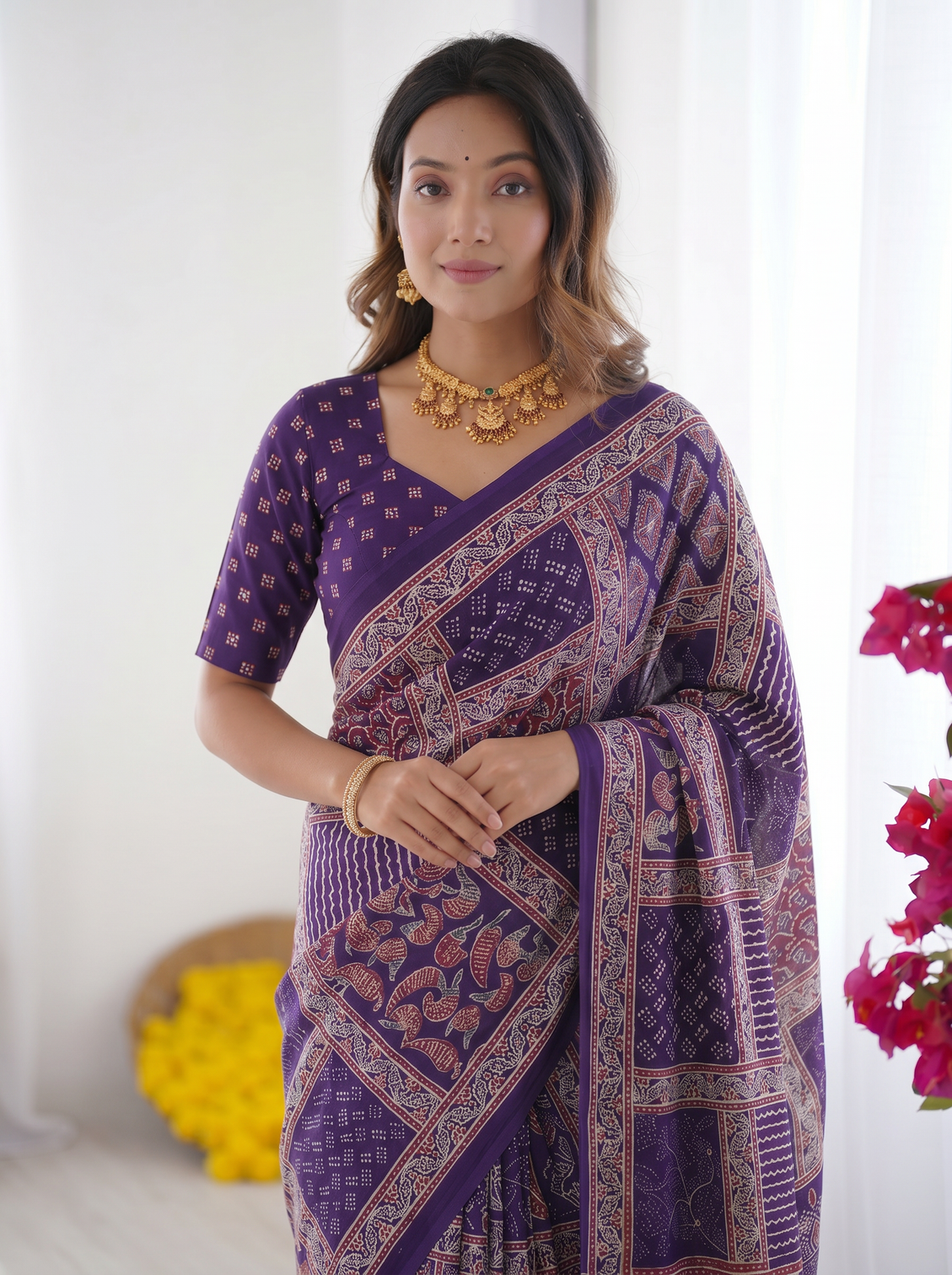 Royal purple modal silk saree with tribal geometric print designer ethnic pallu saree for festive wear