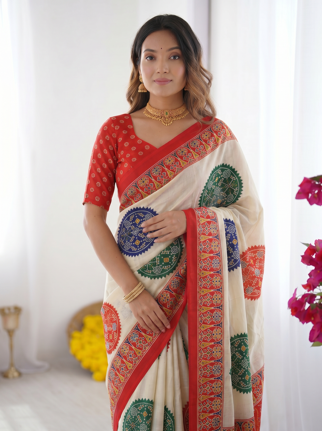 Ivory white vermilion red pure modal silk saree with multicolor mandala print traditional designer pallu