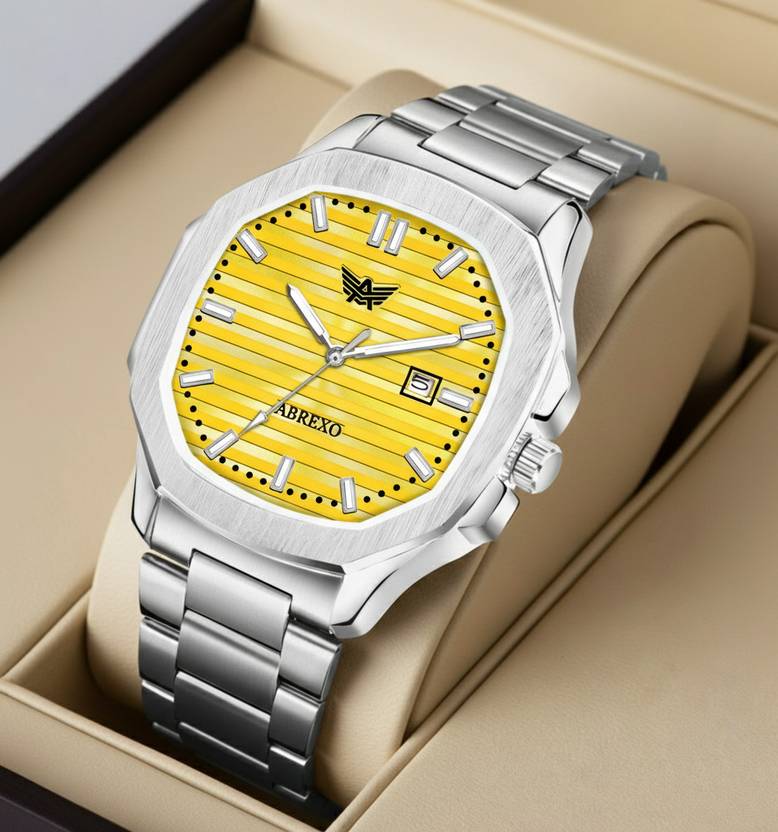 ABREXO Nautilus Date Working Square Yellow Dial Silver Quartz Mechanism Watch For Boys Analog Watch  - For Men Abx4567-YL SL