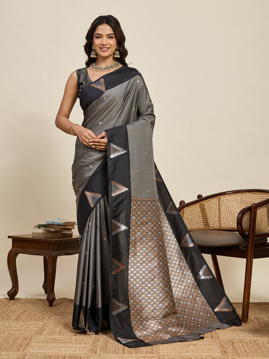 Women's Grey & Black Soft Silk Woven Saree with Rich Zari Border