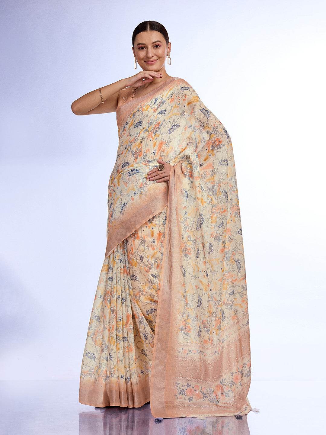 Beige Linen Saree With Blouse Piece