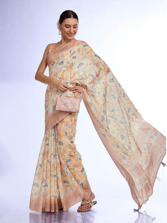 Beige Linen Saree With Blouse Piece