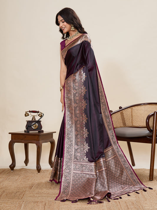 Wine Banarasi Soft Silk Saree with Heavy Silver Zari Woven Border & Rich Pallu