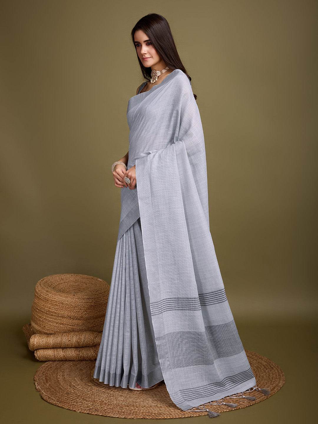 Grey Linen Daily Wear Saree With Blouse Piece