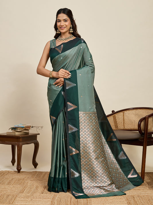 Women's Sea Green & Dark Green Soft Silk Woven Saree with Rich Zari Border