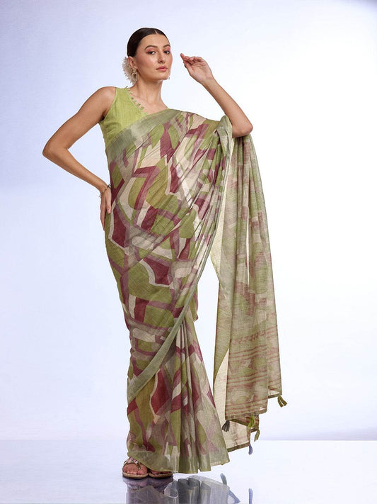 Green Linen Saree With Blouse Piece