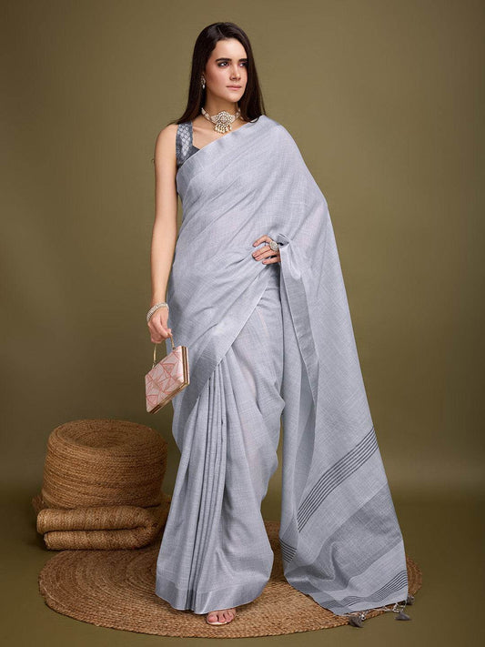 Grey Linen Daily Wear Saree With Blouse Piece